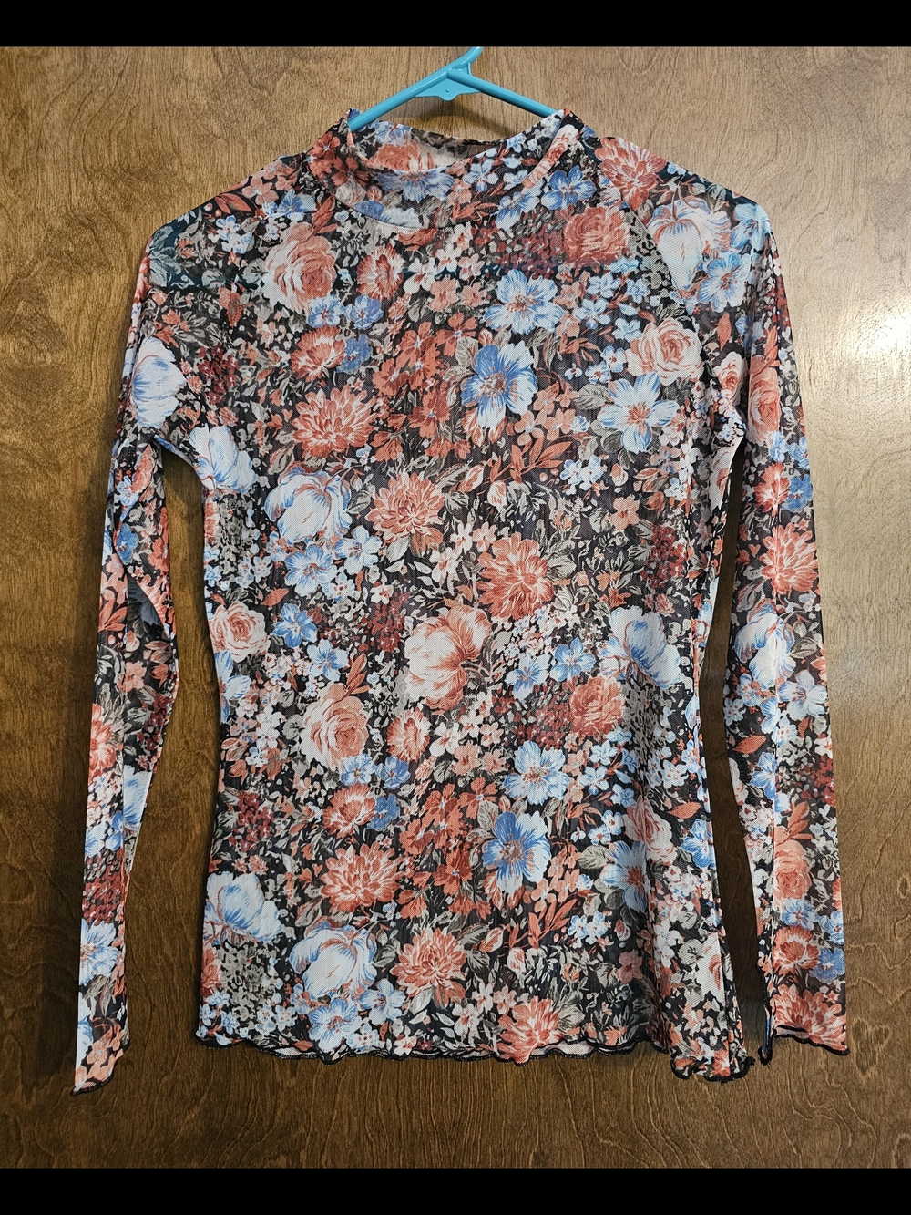 Floral Long Sleeve Mesh Top - Coral & Blue